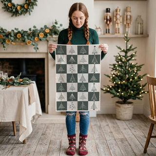 grid christmas tree kitchen towel minimalist design
checkerboard christmas tree dish towel neutral tones
modern christmas kitchen towel with multiple tree styles
neutral christmas towel with simple tree illustrations
minimalist holiday kitchen towel soft grey christmas decor