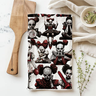 creepy clown girl dish towel for halloween kitchen
scary circus doll flour sack towel gothic décor
halloween horror kitchen towel with bloody clown faces