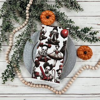 creepy doll and clown pattern towel for spooky apartment
scary halloween horror towel with bloody clown girls
creepy dolls kitchen towel gothic fall home décor
