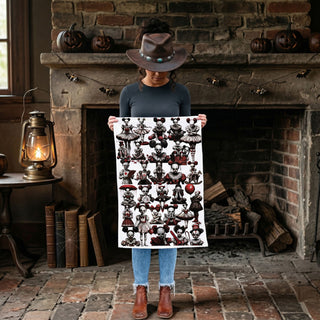 scary red nose clown towel on rustic cutting board
creepy clown and bunny doll towel for eerie kitchen styling
disturbing clown girl artwork towel for alternative halloween décor