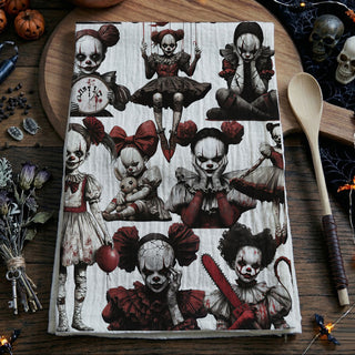 scary clown girl tea towel for october entertaining
creepy red balloon clown towel for halloween coffee bar
halloween kitchen décor towel with terrifying clown dolls