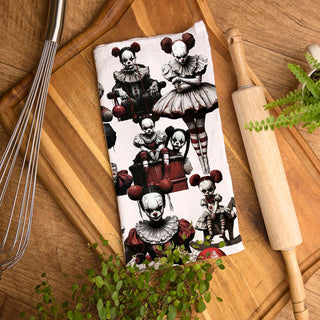creepy doll face flour sack towel spooky house décor
evil clown halloween tea towel for haunted bar cart
scary doll and clown gift towel for october birthdays