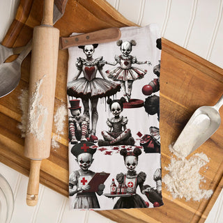 scary clown hostess gift towel for halloween party
horror doll dish towel for haunted farmhouse kitchen
creepy clown balloon design towel scary home accessory