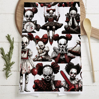unique horror themed kitchen towel with creepy dolls
gothic halloween flour sack towel with red balloon clowns
evil clown face tea towel for scary season home décor