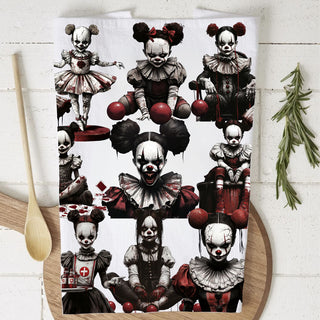 creepy clown nurse and doll towel for halloween bar cart
spooky circus girl towel for haunted farmhouse kitchen
scary clown kitchen towel gift for horror fan
red and black clown halloween towel for spooky home décor