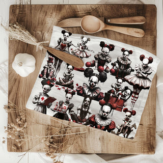 chilling clown doll towel for haunted housewarming gift
creepy child clown tea towel for halloween coffee station
scary doll clown pattern towel for alternative kitchen décor
nightmare circus halloween towel with creepy clown girls