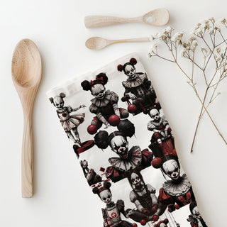 scary clown and doll flour sack towel for dark décor
creepy haunted toy towel unique halloween home gift
scary doll print towel for trick or treat table décor