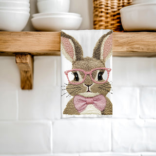 3D embroidery-look bunny towel with pink & blue glasses! 100% cotton flour sack, soft, absorbent & perfect for spring or Easter kitchen décor.
Modern Cute 3D Bunny Glasses Kitchen Towel – Pink & Blue Easter Decor
