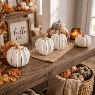 white pumpkin decor for classy halloween styling
modern halloween pumpkins white gold home decor
subtle halloween decor neutral pumpkin styling
white pumpkins for sophisticated halloween decor
minimal spooky decor white pumpkin gold accents