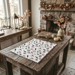 classic christmas decor kitchen towel design
traditional christmas kitchen towel holly print
nostalgic christmas ornament dish towel
holiday kitchen towel for entertaining guests
christmas towel styled with greenery and wood