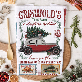 christmas kitchen towel with vintage holiday car and tree
retro station wagon christmas dish towel decor
holiday towel with classic christmas road trip theme
festive kitchen towel with christmas tree on car design
nostalgic christmas decor towel vintage holiday scene
