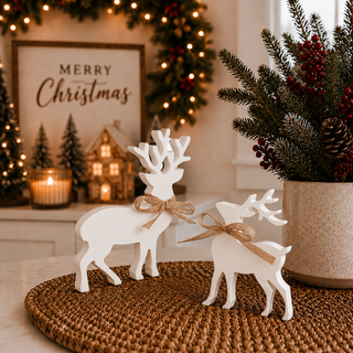 White wooden reindeer measuring 8 inches and 7 inches high
Large white reindeer measuring 8 inches tall by 7 inches wide
Small white reindeer measuring 7 inches tall by 5 inches wide
Size comparison of two white Christmas reindeer decorations
Large and small MDF reindeer figurines
White wooden deer decorations in coordinating sizes
Freestanding Christmas reindeer with carved antler shapes
White reindeer figurines with rustic burlap-style bows
Two-size wooden Christmas reindeer display