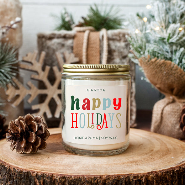 Happy Holidays Christmas Candle, Soy Christmas Candles in Glass Jar with Gold Lid