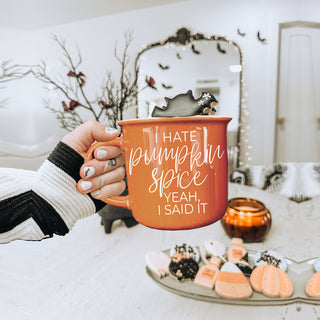 funny fall mug with strong opinion about pumpkin spice
giftable fall coffee mug for snarky friends
orange autumn mug on marble countertop
fall and halloween novelty mug for adults