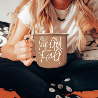 hello fall fall kitchen mug near coffee maker
hello fall mug for PSL bar and hot cocoa station
hello fall fall lover mug for home or office