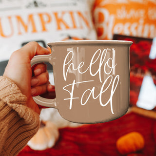 hello fall mug close up product shot with pumpkin decor
hello fall mug on cozy fall coffee bar
neutral hello fall coffee cup with pumpkins