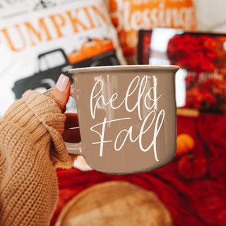 hello fall mug for fall tiered tray styling
hello fall neutral mug with candle and greenery
hello fall mug on white marble countertop