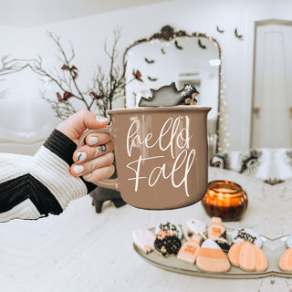 hello fall autumn vibes drinkware
hello fall mug for farmhouse tiered tray
hello fall seasonal mug for kitchen shelf styling
hello fall mug by fireplace with stacked wood
hello fall mug next to pumpkin bread loaf
hello fall mug as part of autumn self care setup
