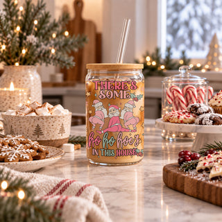 funny pink Santa Christmas tumbler
retro pink Santa glass can cup
funny Christmas glass cup for women
adult Christmas humor tumbler
cheeky holiday coffee cup