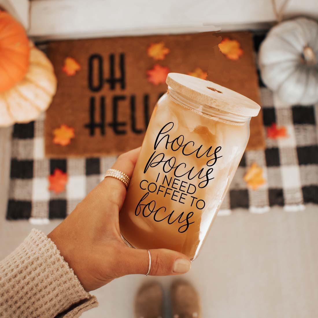 Funny Halloween Glass Coffee Cup - Hocus Pocus I need coffee to focus mug