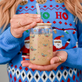 Christmas mocktail cup with lid
reusable Christmas glass cup
clear Christmas tumbler with bamboo lid
Christmas tumbler with reusable metal straw
17 ounce Christmas glass cup