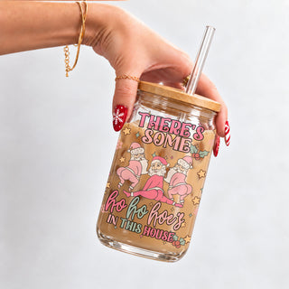 Pink Santa Christmas Glass Tumbler 17oz – Funny Ho Ho Hoe’s Iced Coffee Cup With Lid & Straw