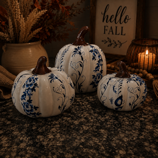 autumn shelf decor chinoiserie pumpkins
blue white pumpkin decor for fall mantle
fall decor pumpkins blue white for september october decorating
thanksgiving decor blue white pumpkin centerpiece ideas
autumn home decor pumpkins blue white year round styling