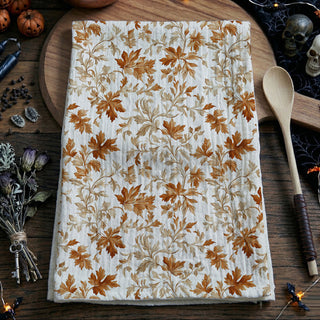 fall leaf print towel for sink and oven handle
seasonal autumn kitchen accent towel in white and rust
pumpkin spice season kitchen towel with leaves
fall kitchen decor idea with leaf cotton towel
flour sack cotton fall dish towel hanging on stove