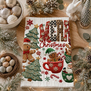 christmas kitchen towel outdoor snowy holiday scene
kitchen towel held in front of decorated christmas tree
holiday towel styled with lights and garland decor
christmas towel lifestyle cozy outdoor home aesthetic
holiday towel styled farmhouse christmas porch