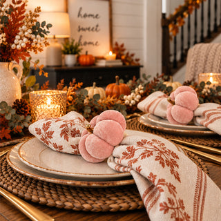 Velvet pumpkin napkin ring used with patterned cloth napkin for Thanksgiving table setting