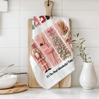 christmas kitchen towel styled with wooden utensils flat lay
holiday towel decor on cutting board rustic kitchen styling
pink christmas towel displayed in cozy farmhouse kitchen
festive kitchen towel holiday styling inspiration