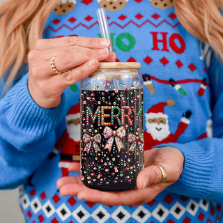 Christmas kitchen gifts glass cup 17oz - Merry sequin glitter tumbler bamboo lid glass straw - Coquette bow holiday decor
Festive colors Merry glass cup 17oz - Christmas sequin coquette bow rainbow holiday drinkware bamboo lid