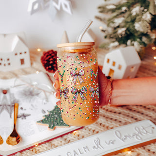 Coquette Christmas glass tumbler 17oz bamboo lid - Merry sequin glitter holiday coffee cup glass straw - Girly bow drinkware