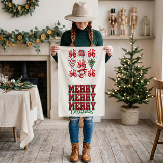 lightweight flour sack towel with holiday print and festive text
soft textured christmas towel for kitchen and baking use
kitchen linen towel with printed holiday artwork and message
absorbent dish towel with festive christmas pattern and design
cotton tea towel with decorative christmas themed print