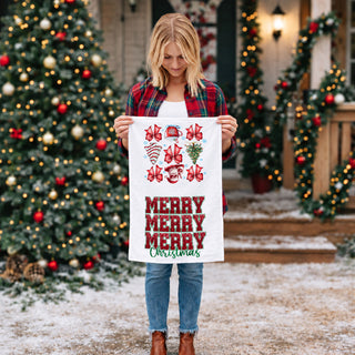 decorative christmas towel dual design holiday kitchen accessory
christmas towel with red green glitter text and santa pattern
holiday dish towel with festive graphics and merry christmas quote
kitchen towel for christmas baking and decorating dual design
seasonal christmas towel with typography and santa illustration