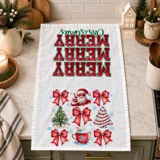 christmas kitchen towel with santa illustration bows and winter icons
holiday towel with festive christmas characters and decorative elements
kitchen towel with santa figure bows and cozy winter drink design
christmas towel featuring santa trees cocoa and festive holiday icons