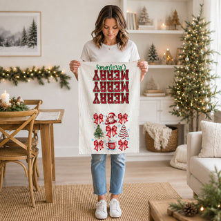 holiday towel styled with candles greenery and baking items
kitchen towel for christmas decor with cozy winter theme
festive towel for decorating farmhouse kitchen holiday style
holiday towel used for christmas table and kitchen styling
christmas linen towel displayed in cozy holiday kitchen