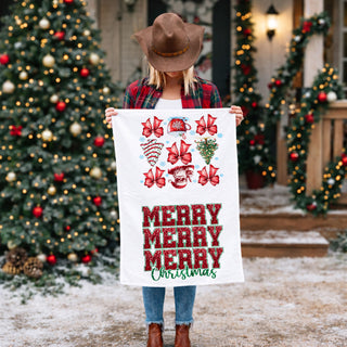 decorative christmas towel dual design holiday kitchen accessory
christmas towel with red green glitter text and santa pattern
holiday dish towel with festive graphics and merry christmas quote
kitchen towel for christmas baking and decorating dual design
seasonal christmas towel with typography and santa illustration