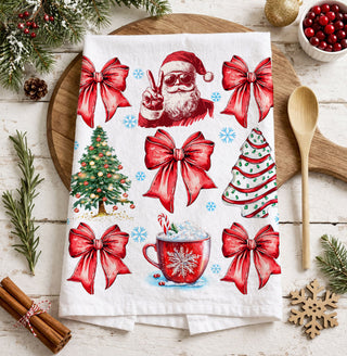 dual design christmas kitchen towel festive holiday decor accessory
double sided holiday towel santa bows cocoa and merry christmas print
christmas kitchen towel reversible design festive red green decor
holiday dish towel with merry christmas typography and festive illustrations
two in one christmas towel glitter text and santa themed design