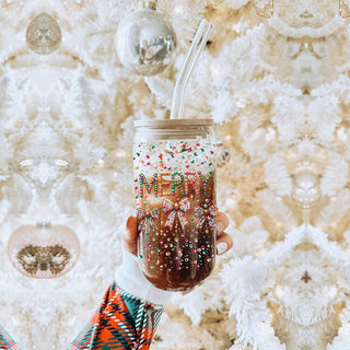 Christmas glass drinkware 17oz - Merry sequin glitter holiday cup with glass straw - Coquette bow sparkly kitchen gift
Holiday party drinkware Merry sequin glass cup 17oz - Christmas coquette bow festive tumbler bamboo lid straw
