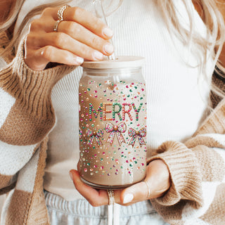 Colorful Christmas glass cup – coquette bow and glitter holiday design
Merry glass tumbler – festive holiday drinkware for coffee or cocoa
Christmas coffee bar accessory – glitter and sequin glass cup with bows