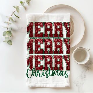 Glitter christmas kitchen towel merry merry christmas glitter design
holiday kitchen towel with santa bows and merry christmas text print
christmas dish towel two sided design festive baking decor
merry merry christmas towel with glitter style lettering and holiday graphics
christmas towel with santa bow tree design and bold merry text