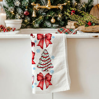 decorative towel with classic christmas characters and holiday accents
holiday kitchen towel with whimsical santa and festive decor elements
christmas dish towel with playful holiday graphics and seasonal icons
kitchen towel with santa snowflakes bows and christmas themed prints
festive towel with holiday characters and winter kitchen decor
christmas towel with traditional holiday imagery and cozy design