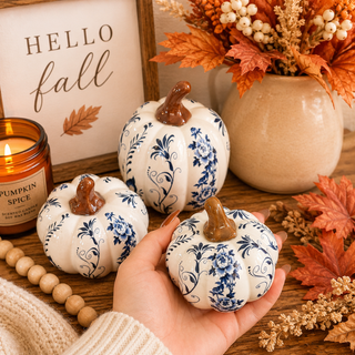 blue and white resin pumpkin set of 3 for fall home decor
chinoiserie style pumpkins for neutral autumn decorating
decorative blue and white pumpkins for modern fall decor
resin blue white pumpkins for elegant halloween decor
neutral chinoiserie pumpkin decor set for fall styling