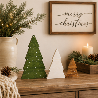 Christmas mantel décor with freestanding wooden trees
Holiday tabletop display with boxwood Christmas tree figurines
Wooden Christmas trees styled beside evergreen branches and pinecones
Festive wooden trees displayed in front of a Christmas fireplace
Boxwood tree decorations surrounded by warm holiday lights
Christmas centerpiece featuring three rustic wooden trees
Wooden holiday trees for a farmhouse Christmas display