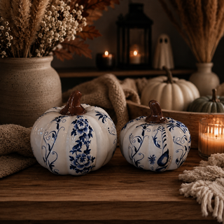 blue and white halloween decor pumpkins elegant style
seasonal decor pumpkins blue white neutral home accents
fall to winter transition decor pumpkins blue white
multi season decor pumpkins blue white elegant styling
