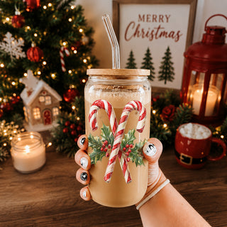 Unique Christmas gifts candy cane holly glass cup 17oz - Holiday traditional coffee tumbler bamboo lid straw
Sparkly Christmas coffee mug – holly wreath and candy cane design glass tumbler