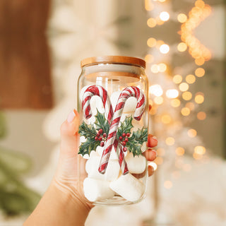 Traditional holiday glass tumbler - festive candy cane and holly design
Christmas kitchen decor tumbler - reusable glass cup with festive candy canes