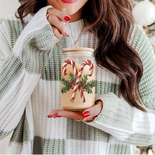 Christmas stocking stuffers candy cane holly tumbler 17oz - Holiday traditional glass cup bamboo lid gift
Festive holiday coffee cup – glass tumbler with candy cane and wreath design