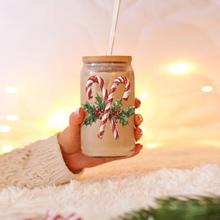 Christmas kitchen decor glass cup 17oz - Candy cane holly holiday tumbler with straw - Traditional festive drinkware